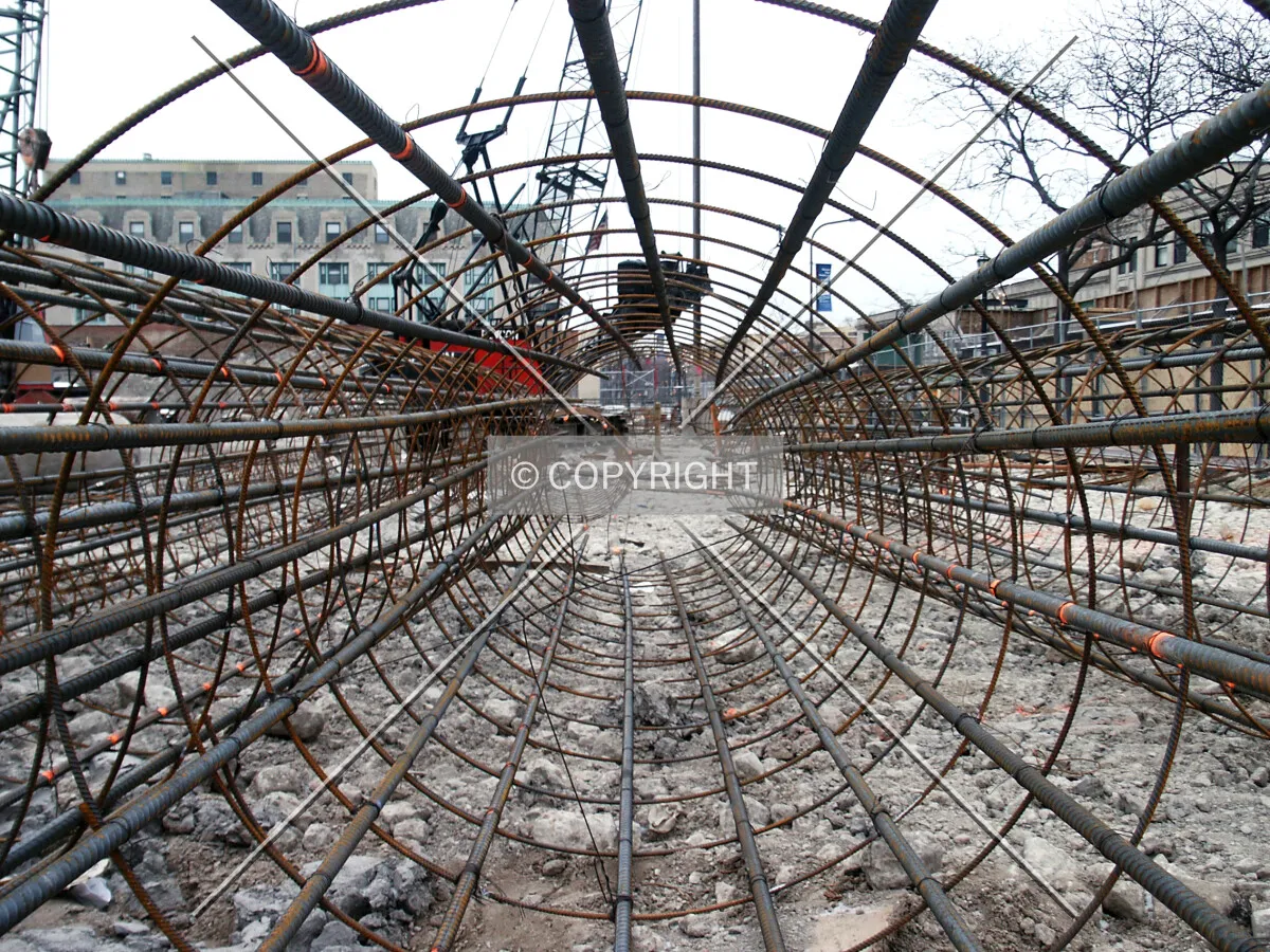 Looking through the rebar frame of a caisson