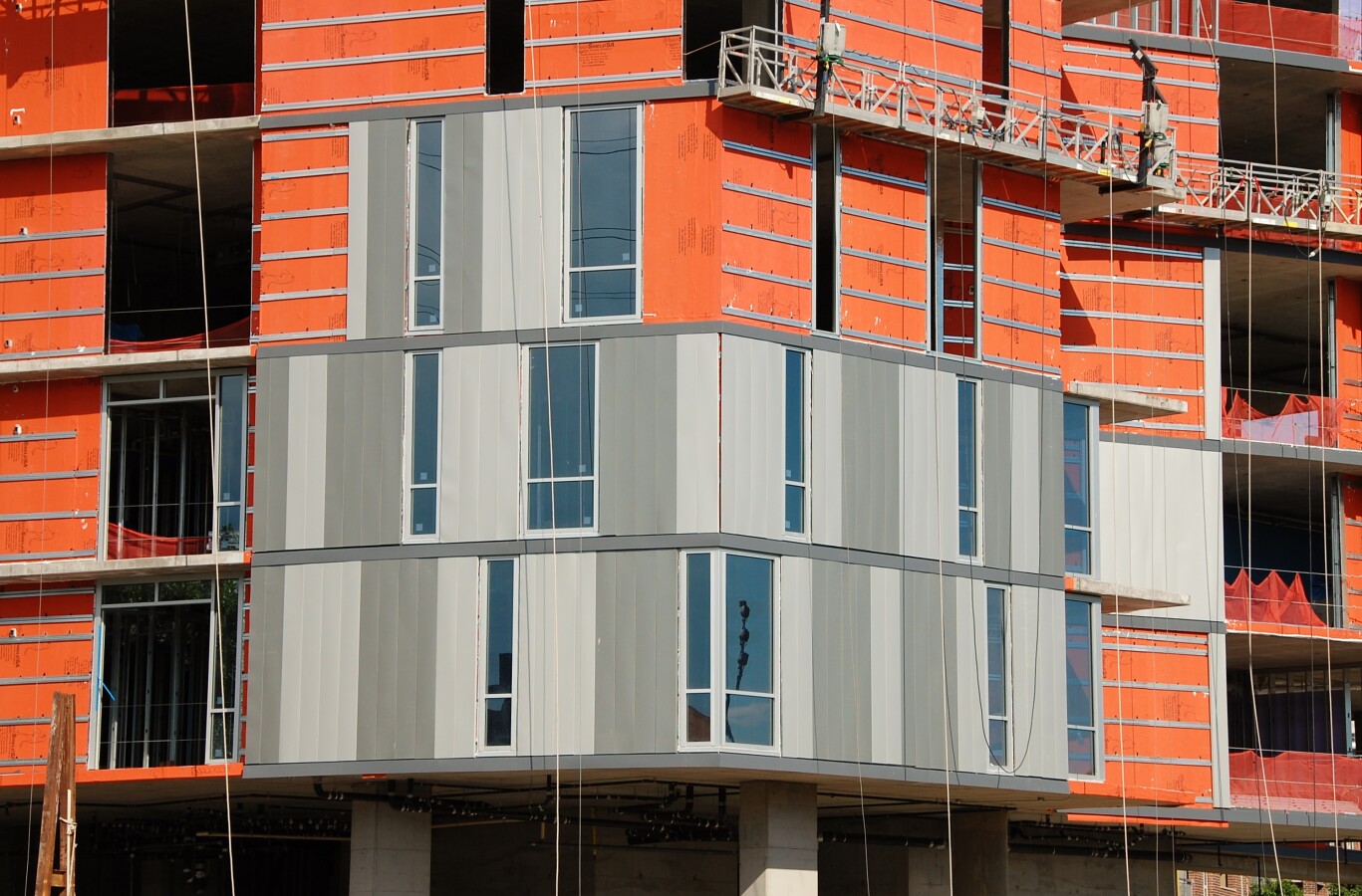 Looking east at some of the facade elements going in