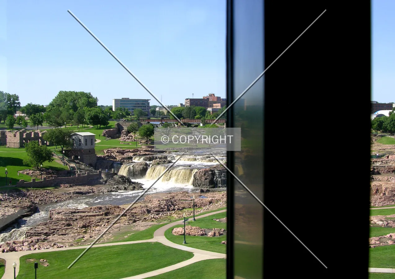 View towards the falls and downtown from the interior elevator lobby