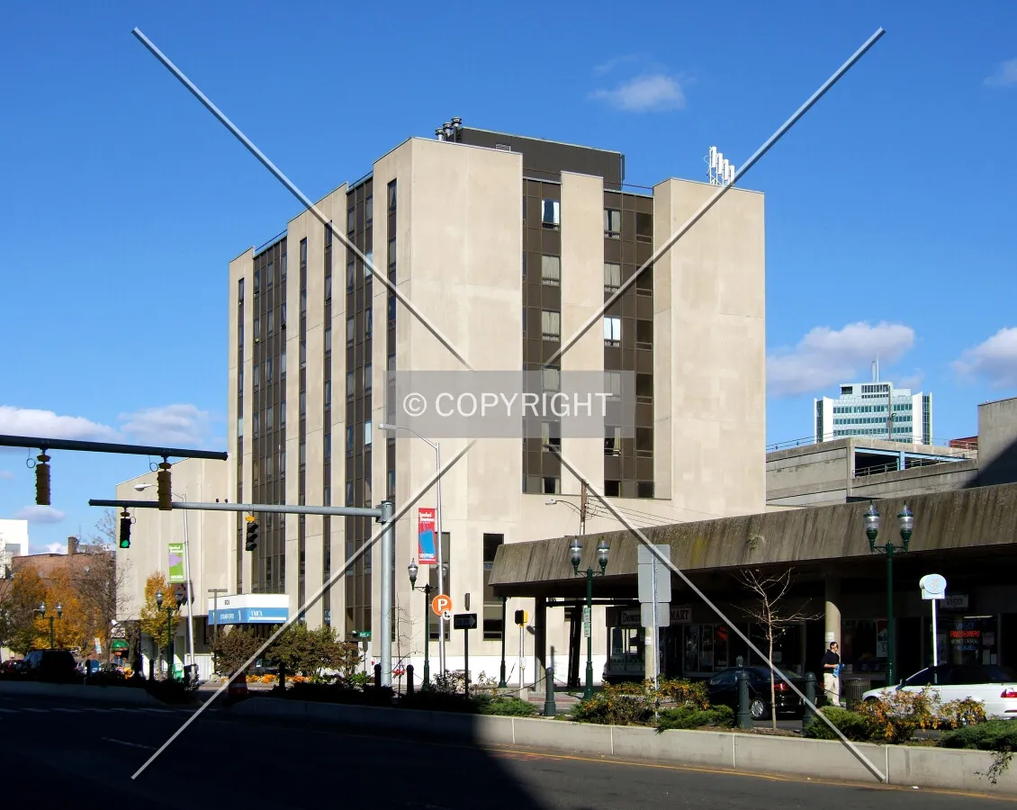 Vintage view from the southwest along Washington Boulevard showing the original facade