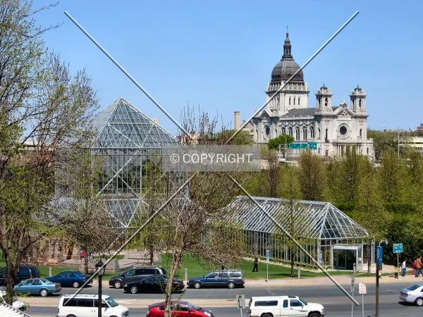 View to the northeast from Groveland Terrace, beyond the Minneapolis Sculpture Garden and Cowles Conservatory