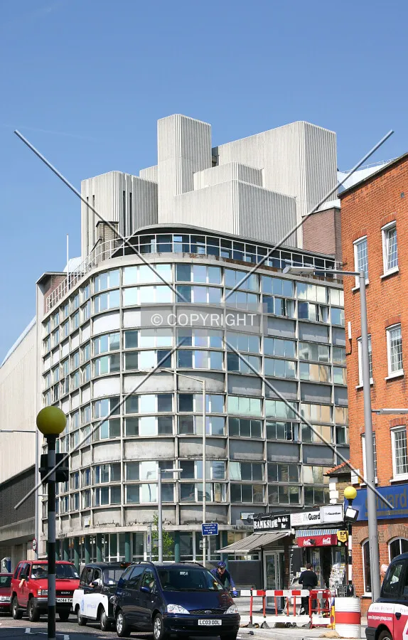 Rising above surrounding buildings