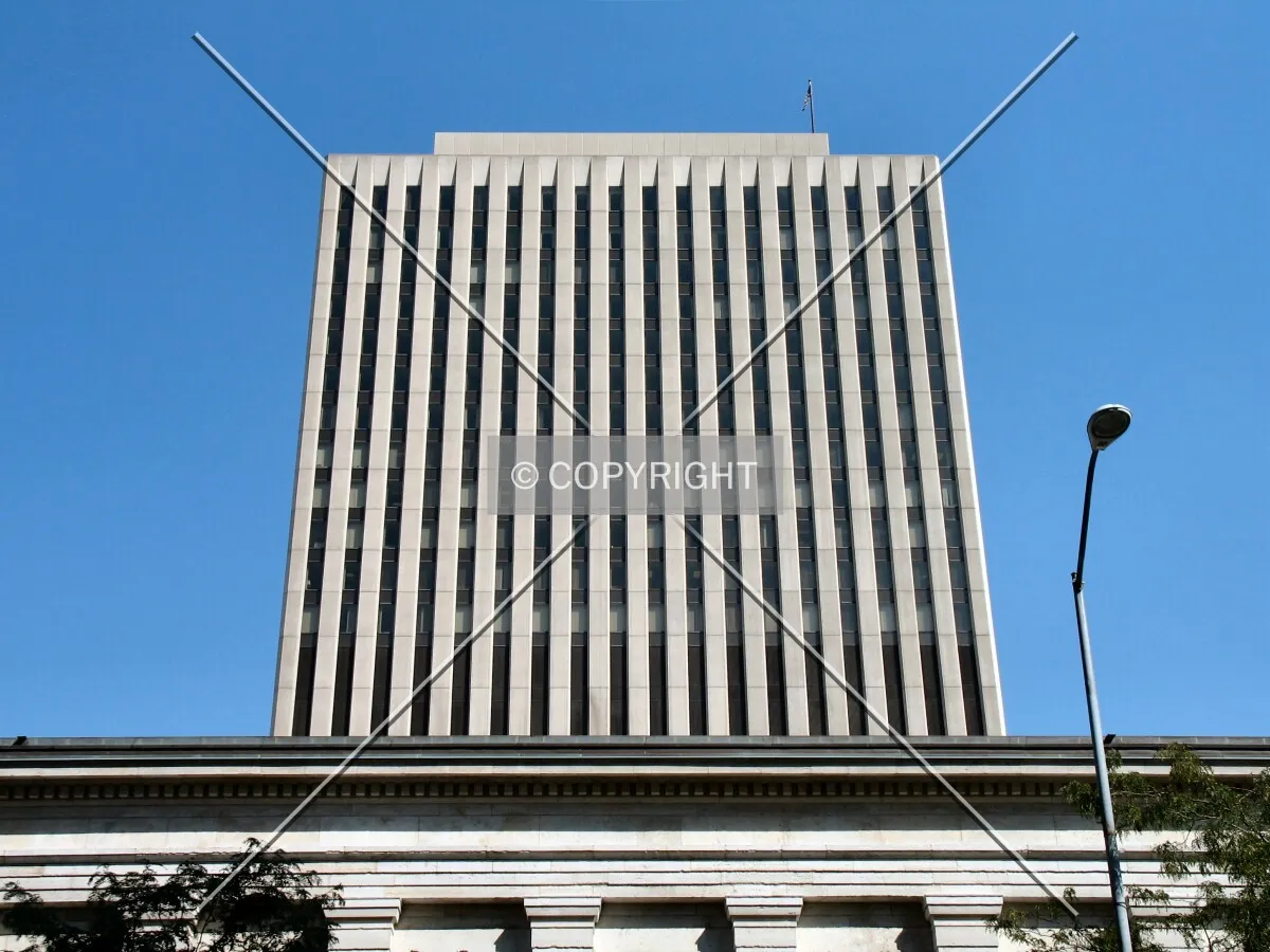 Looking up from West 3rd Street, rising over the Old Montgomery County Courthouse