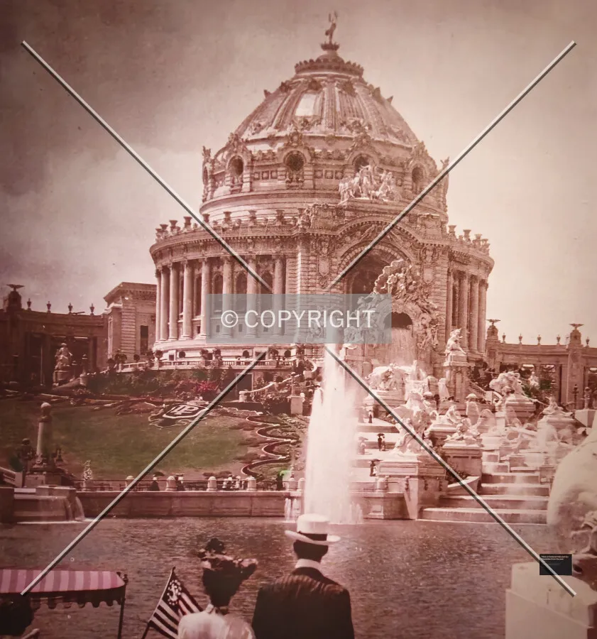 Photo of the building on a wall in the 1904 World's Fair exhibit at the Missouri History Museum; January 18, 2025