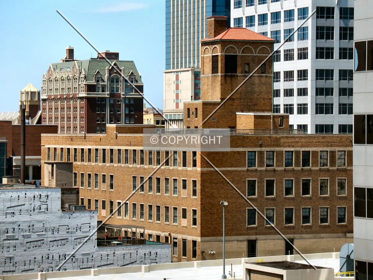 View to the northwest from the Leamington Ramp, ornamental penthouse rising tall