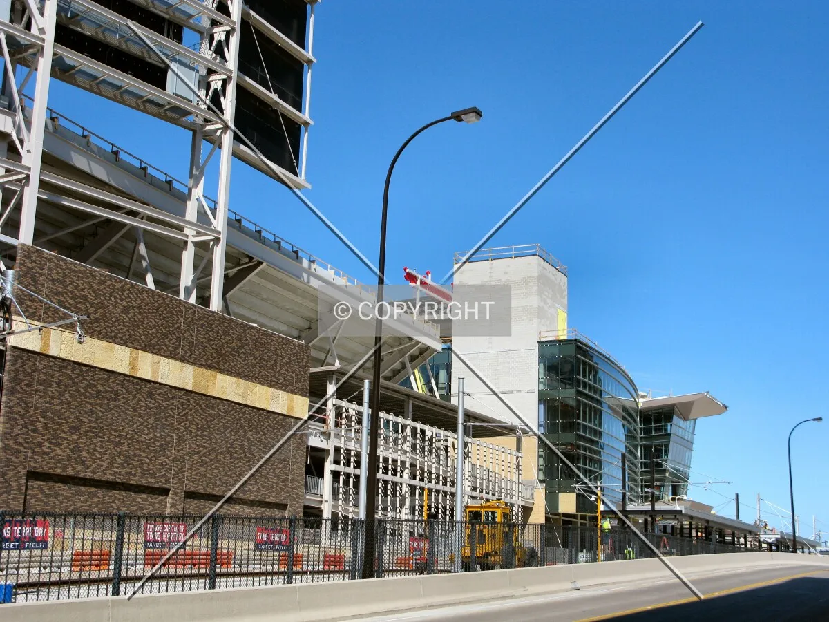 View to the northwest along 5th Street North, with the new Hiawatha Light Rail line terminus -- Ballpark Station