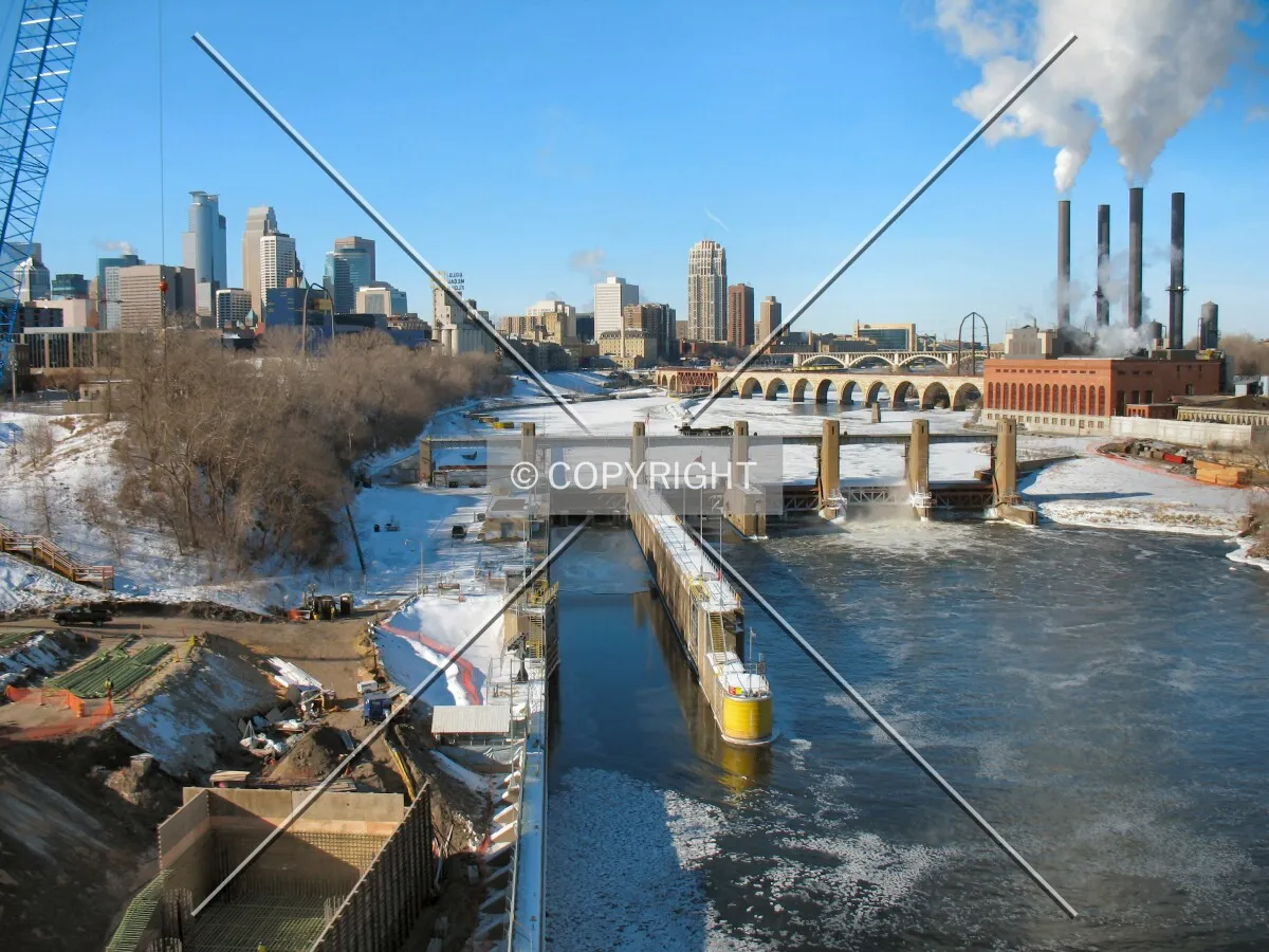 Lower St. Anthony Lock, foundation pit for Pier 2, and an icy Mississippi River on below zero Fahrenheit morning
