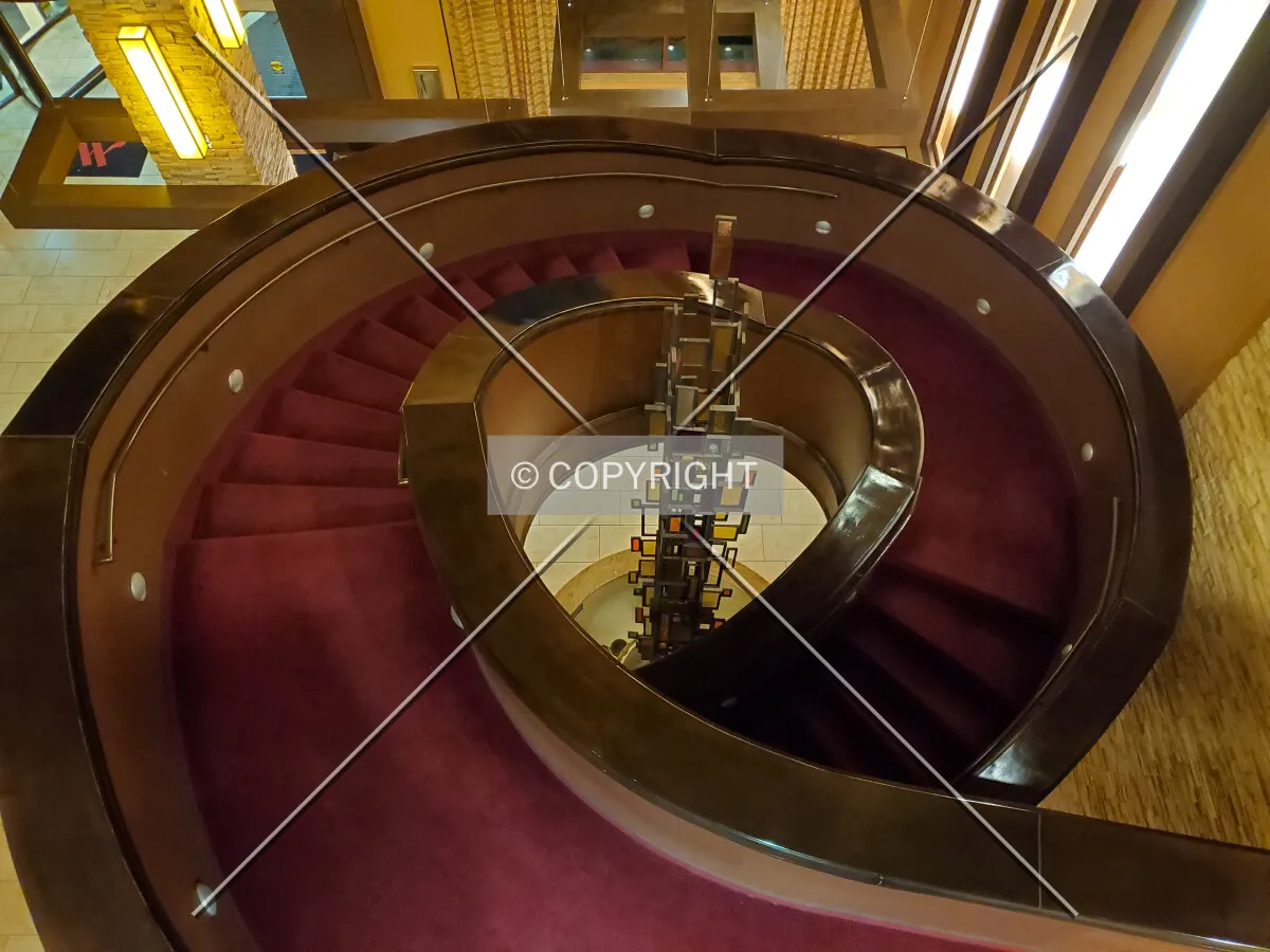 View of the lobby staircase from 3rd floor; June 19, 2020