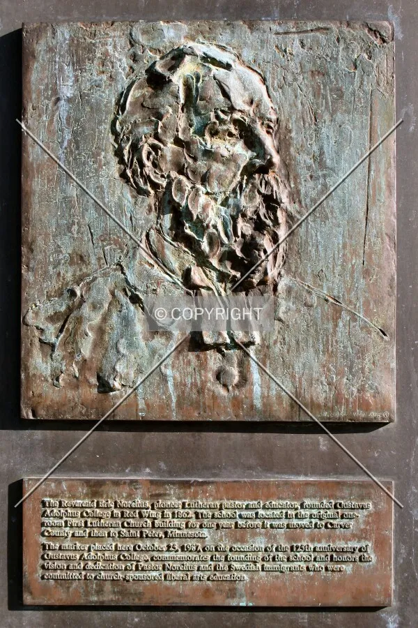 Plaque memorializing pastor Eric Norelius, founder of Gustavus Adolphus College