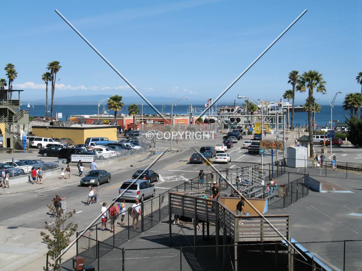 Looking southeast across the intersection of Pacific Avenue and Beach Street, as well as the entrance to the Santa Cruz Municipal Wharf