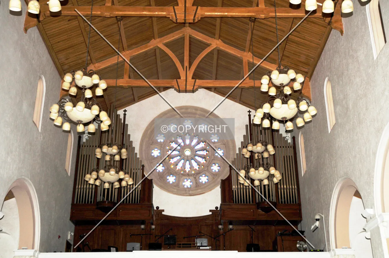 Looking up at the church organ room on the second floor