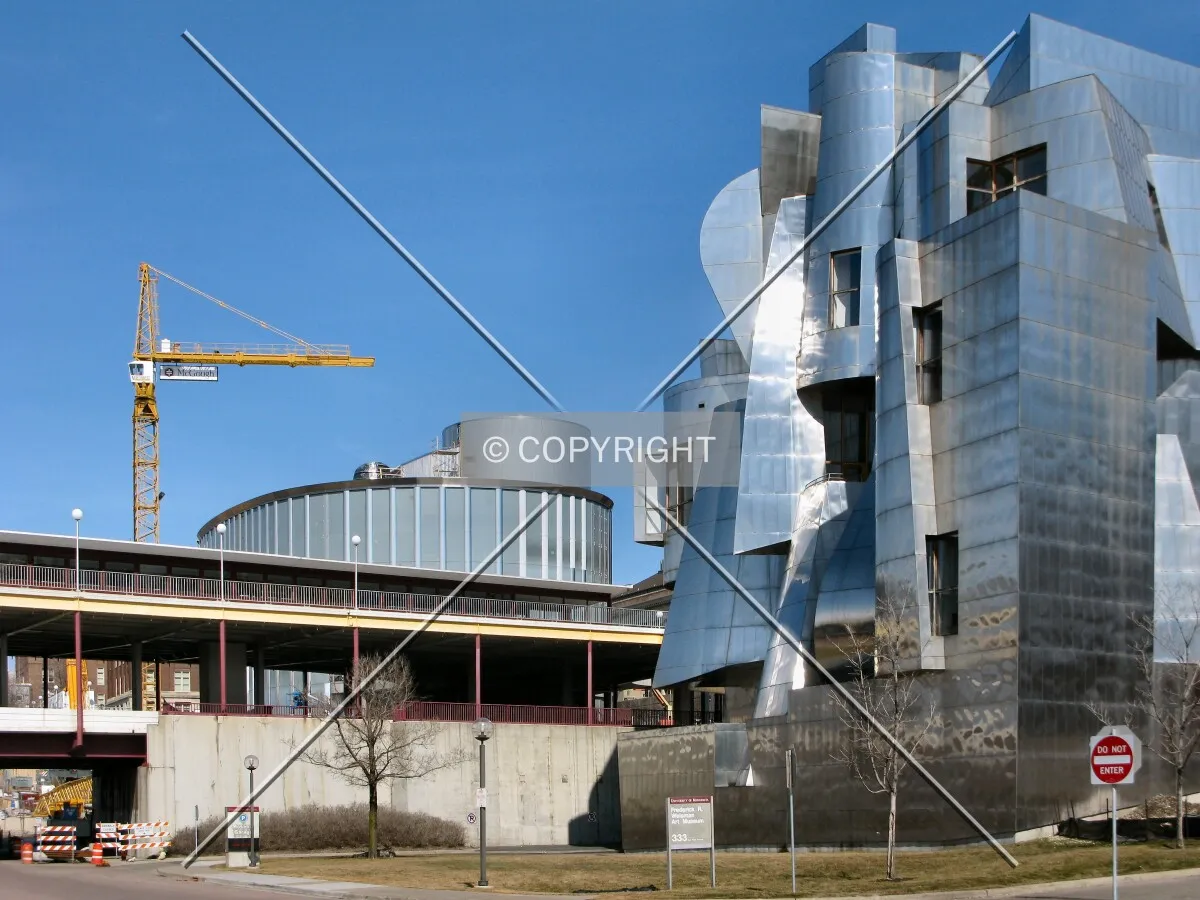 View to the northeast from East River Parkway, rising over the Washington Avenue Bridge and the Weisman Art Museum