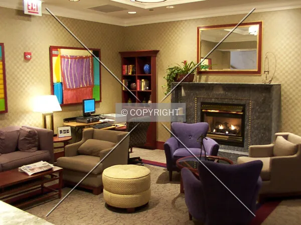 Side lounge and fireplace in the hotel lobby