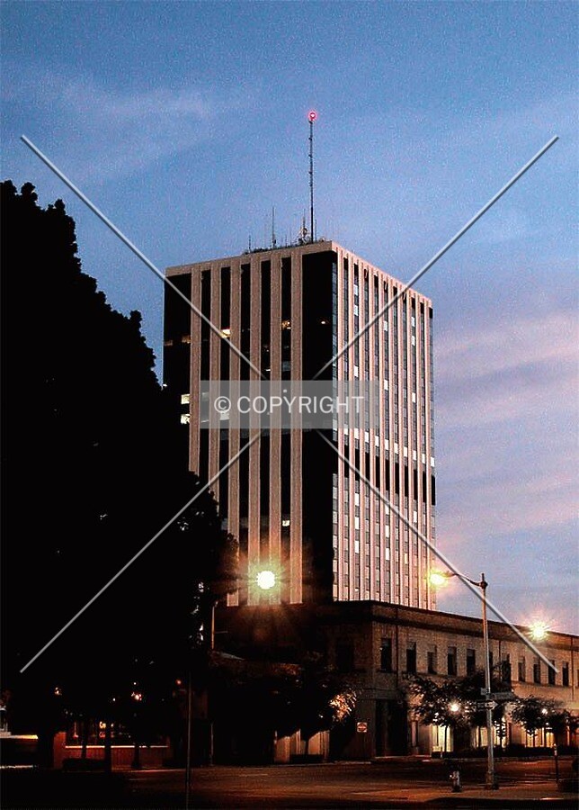 Fresno County Plaza sits quietly at dusk