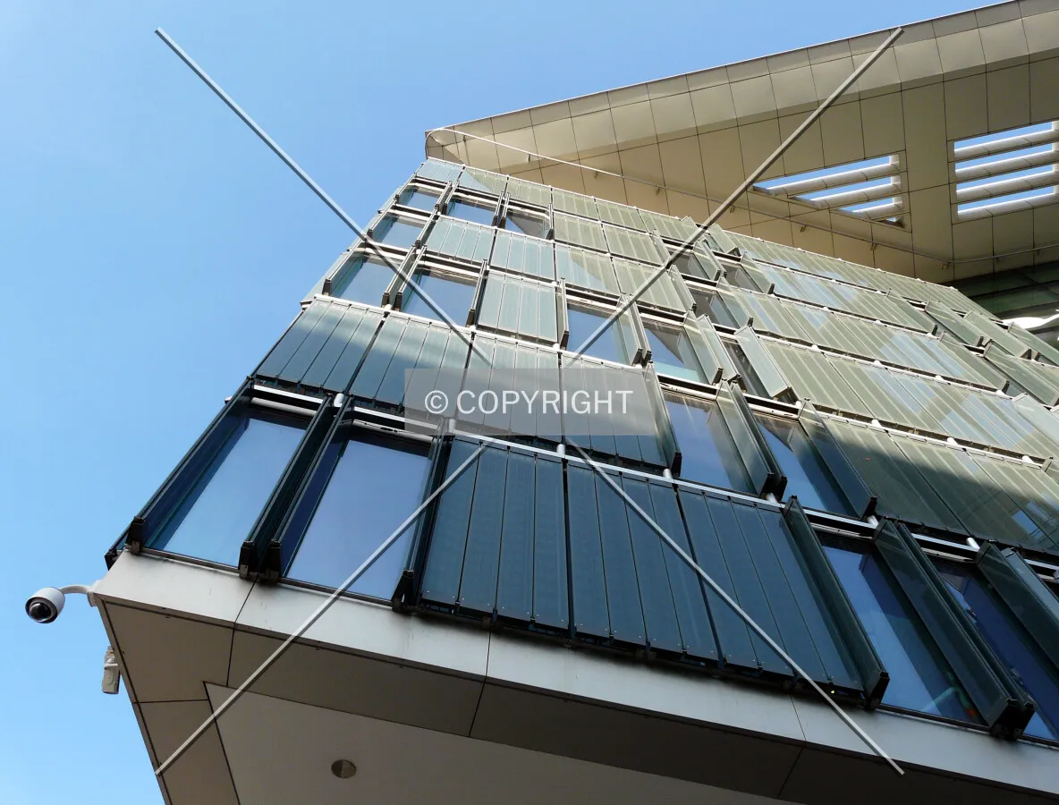Looking up the cantilevered part on the west corner