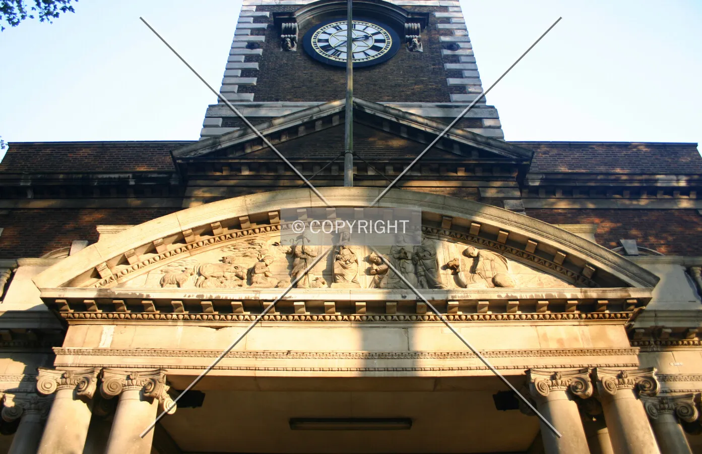 Looking up above the entrance portico from Upper Street