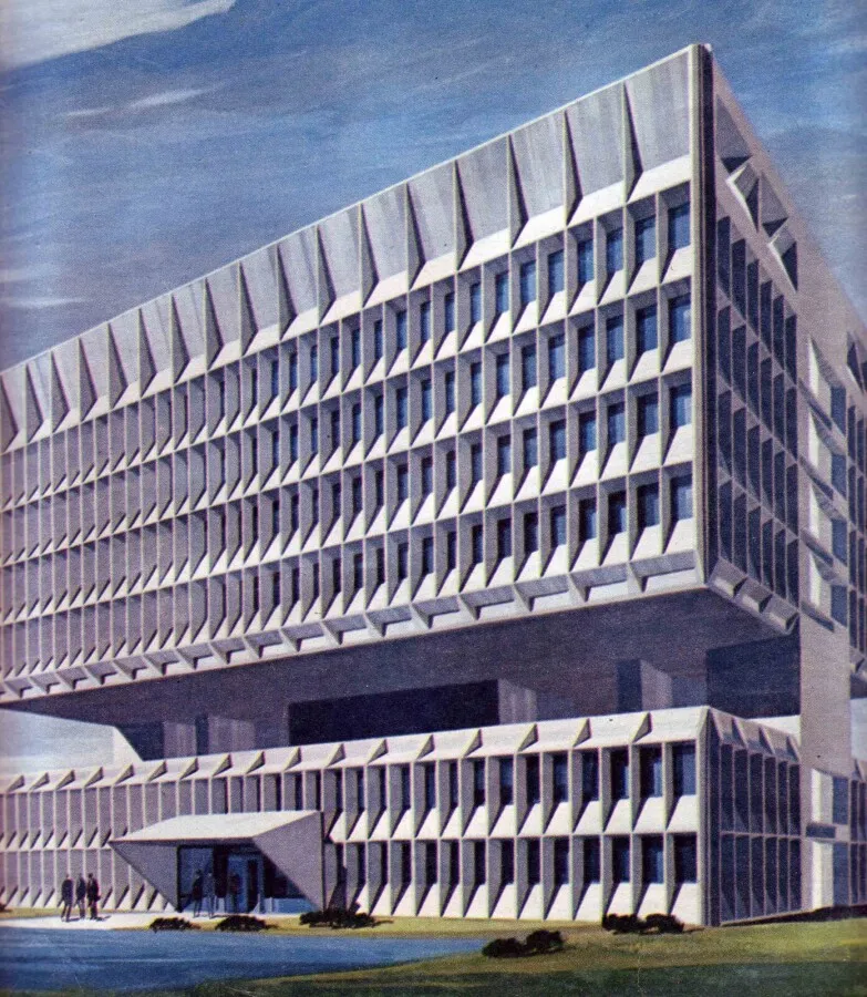 Rendered view from the northeast showing the building as originally conceived