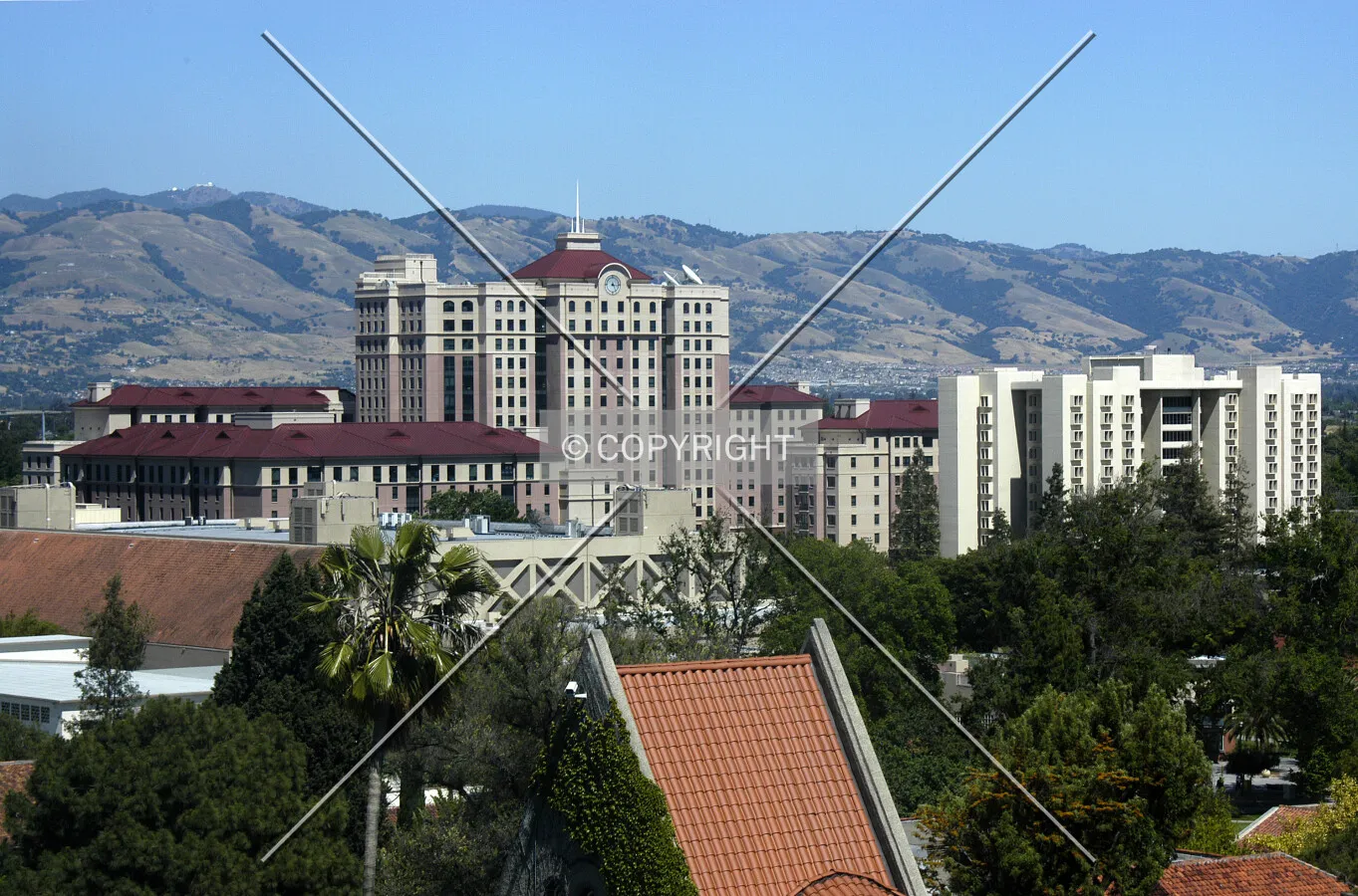 The complex seen from the University Library, with the top of Tower Hall showing in the foreground