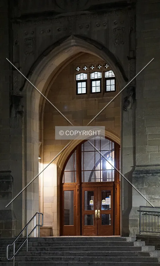 Main entrance at night; March 29, 2020