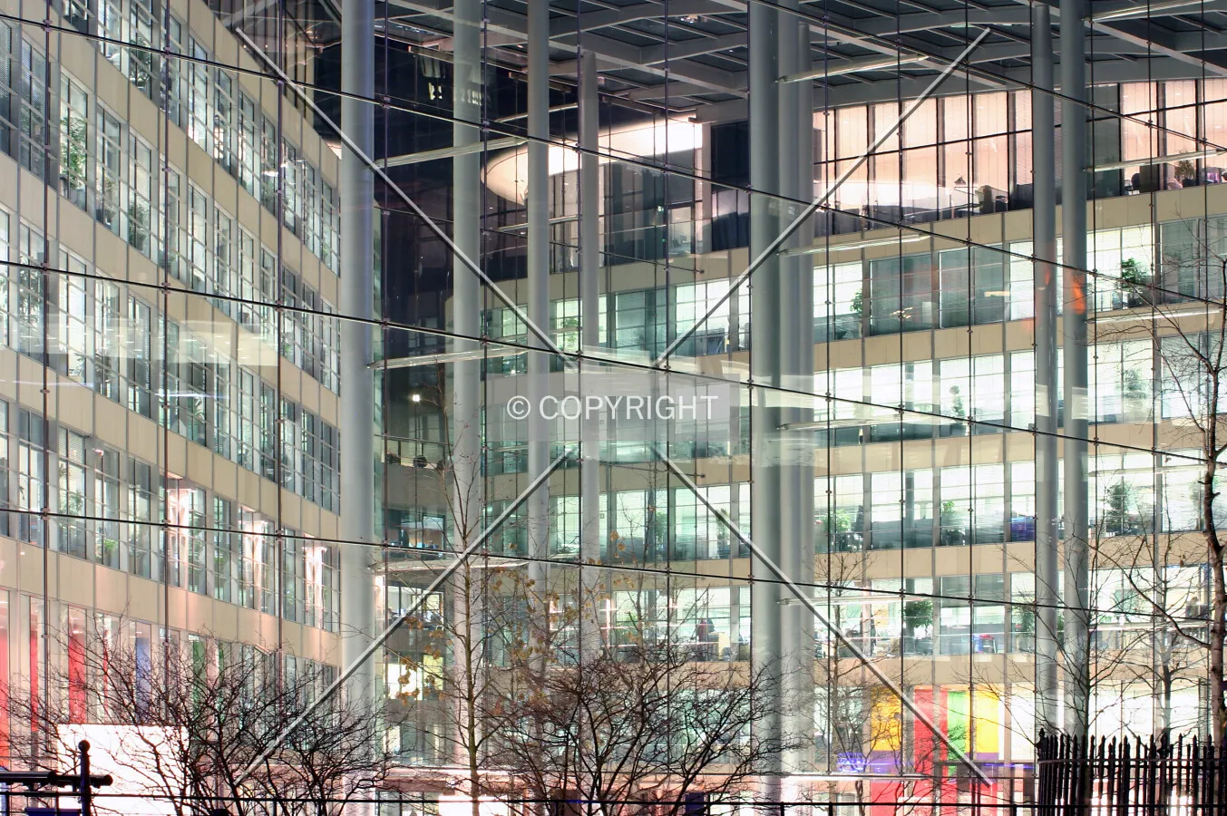 View southwest through the atrium at night