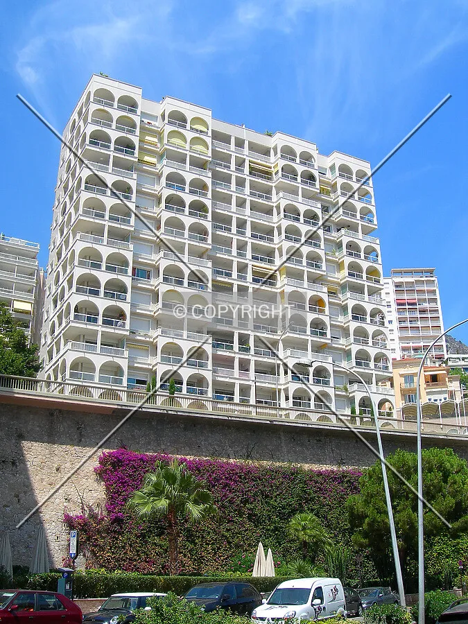 Looking up the southeast facade from Avenue Princesse de Grace