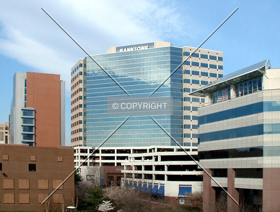 Vintage view from the southwest showing the former Bank One sign at the top