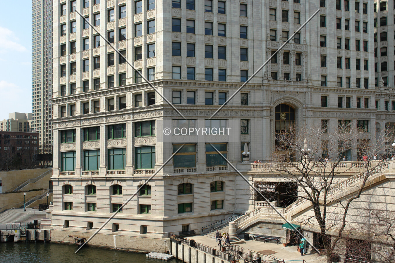 The base of the historic Wrigley Building at the waterfront