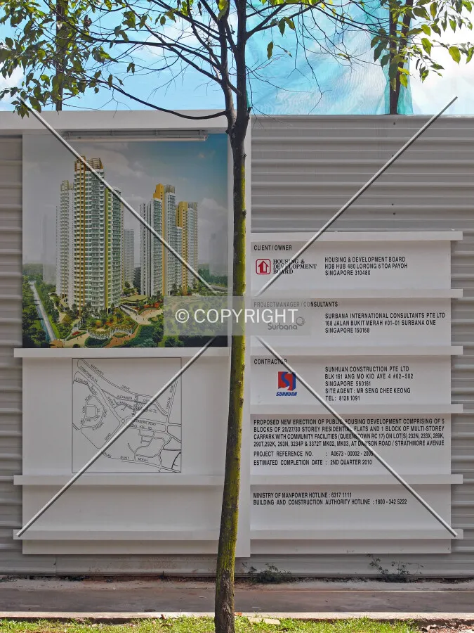 Project information displayed on the construction site fence