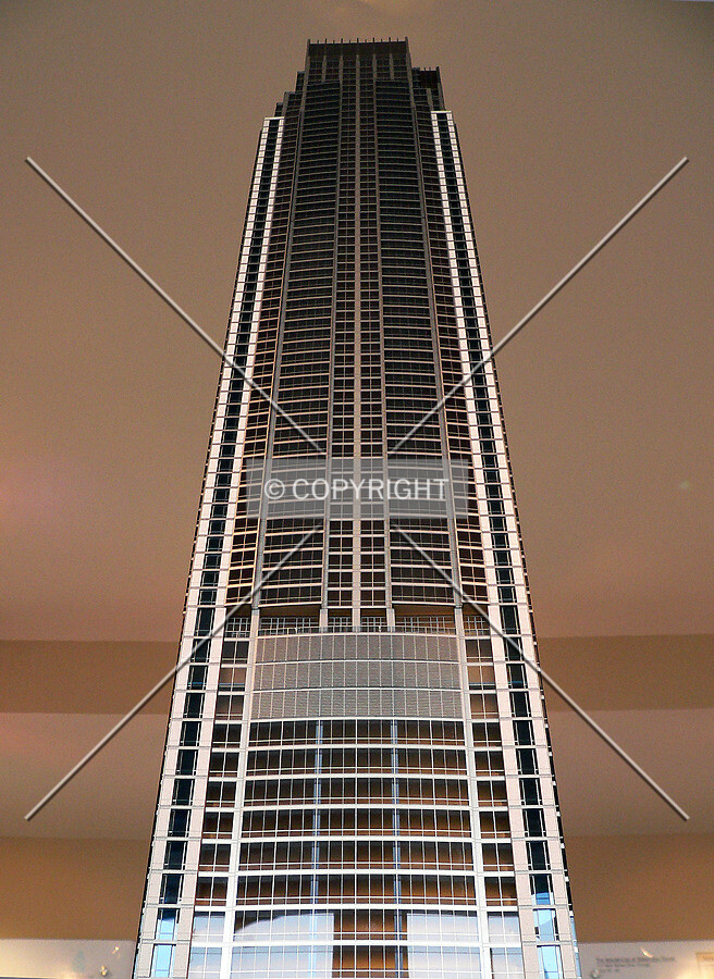 View up the north face of the building model in the sales center