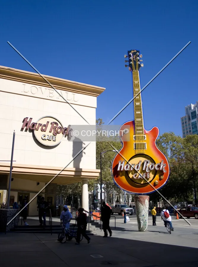 Trademark guitar sign at front entrance, southeast corner