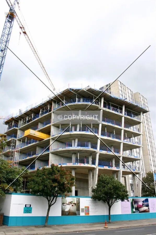 The outward angled elevation rising over Adelaide Road