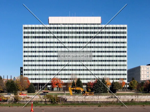 Full south elevation from across Interstate 94; after facade replacement