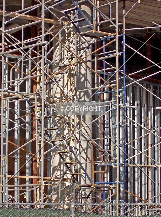Scaffolding and steel studs on the south side of the ground floor