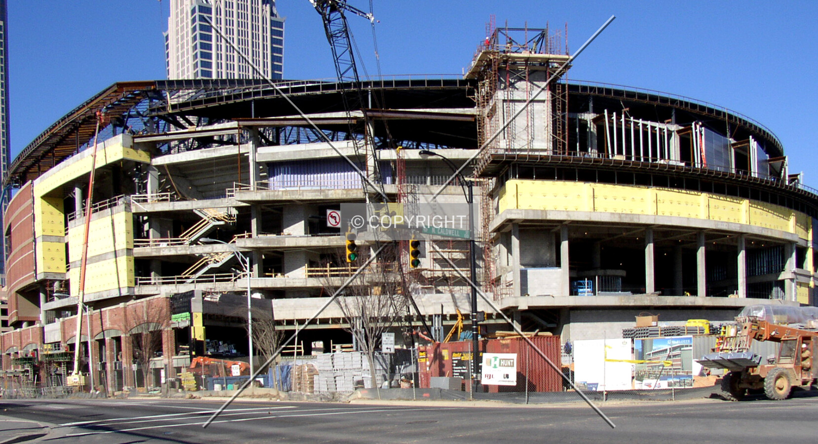 Looking northwest from the corner of Trade and Caldwell