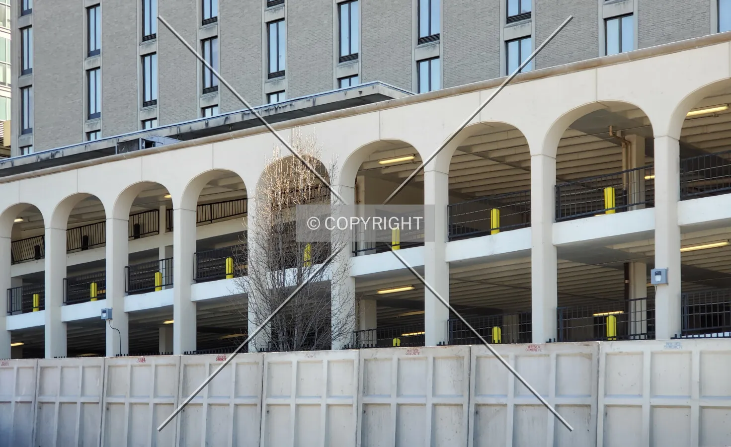Parking garage and demolition barricades; March 5, 2020