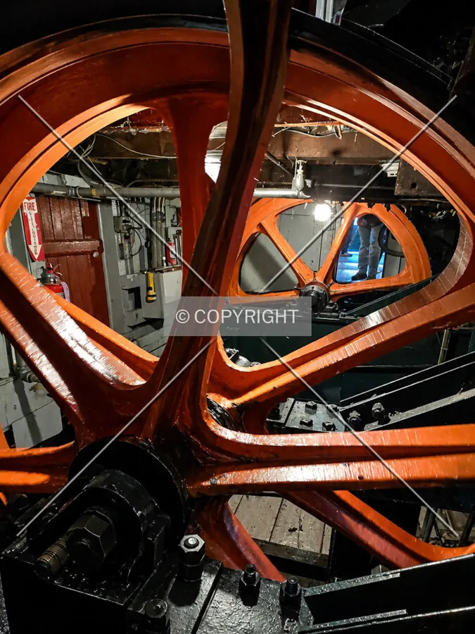 Up close view of the original 1877 steam-powered hoisting gear and cable drum, Thursday, April 17, 2026