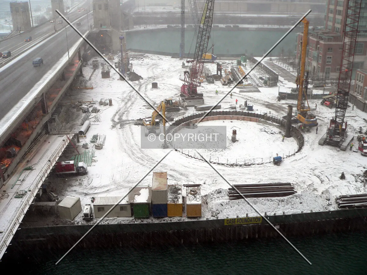 View over the site from the 13th floor of the North Pier Tower parking garage