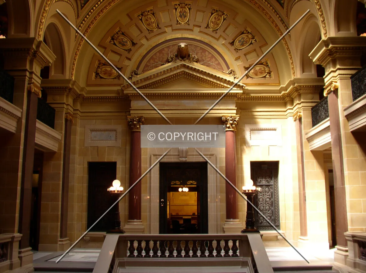 Entrance to the Hearing Room with a badger standing guard above