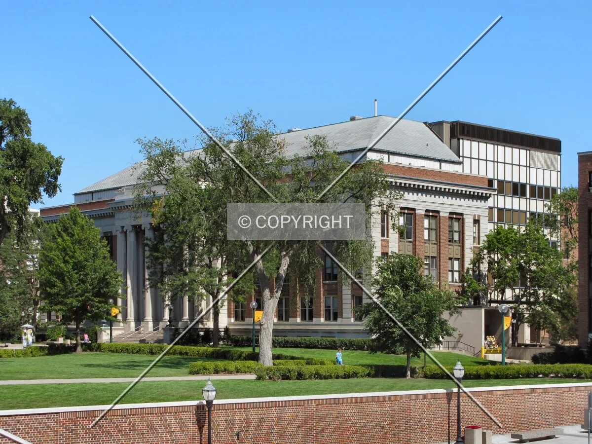 View to the northeast from a pedestrian bridge across Washington Avenue SE; Murphy Hall rising behind