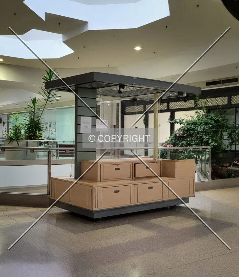 A vacant kiosk; October 28, 2023