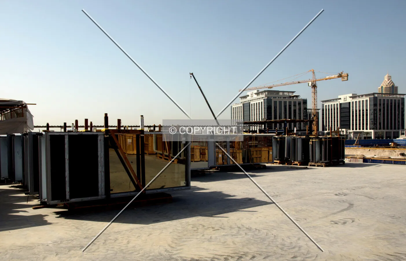 Staging area for glass facade panels