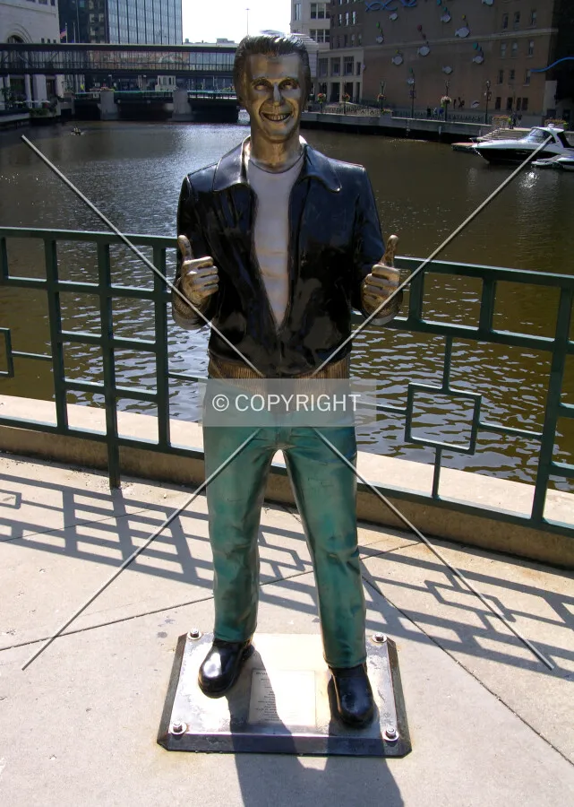 Tribute to Happy Days TV show character Arthur Fonzarelli, also known as the Fonz along the Riverwalk