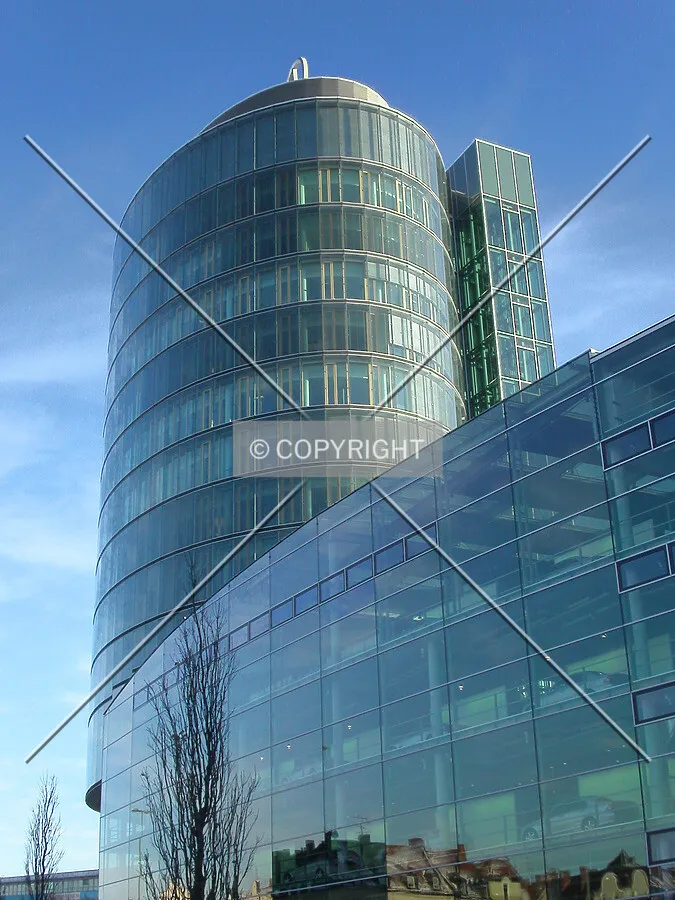 Looking up to the building from the south-west