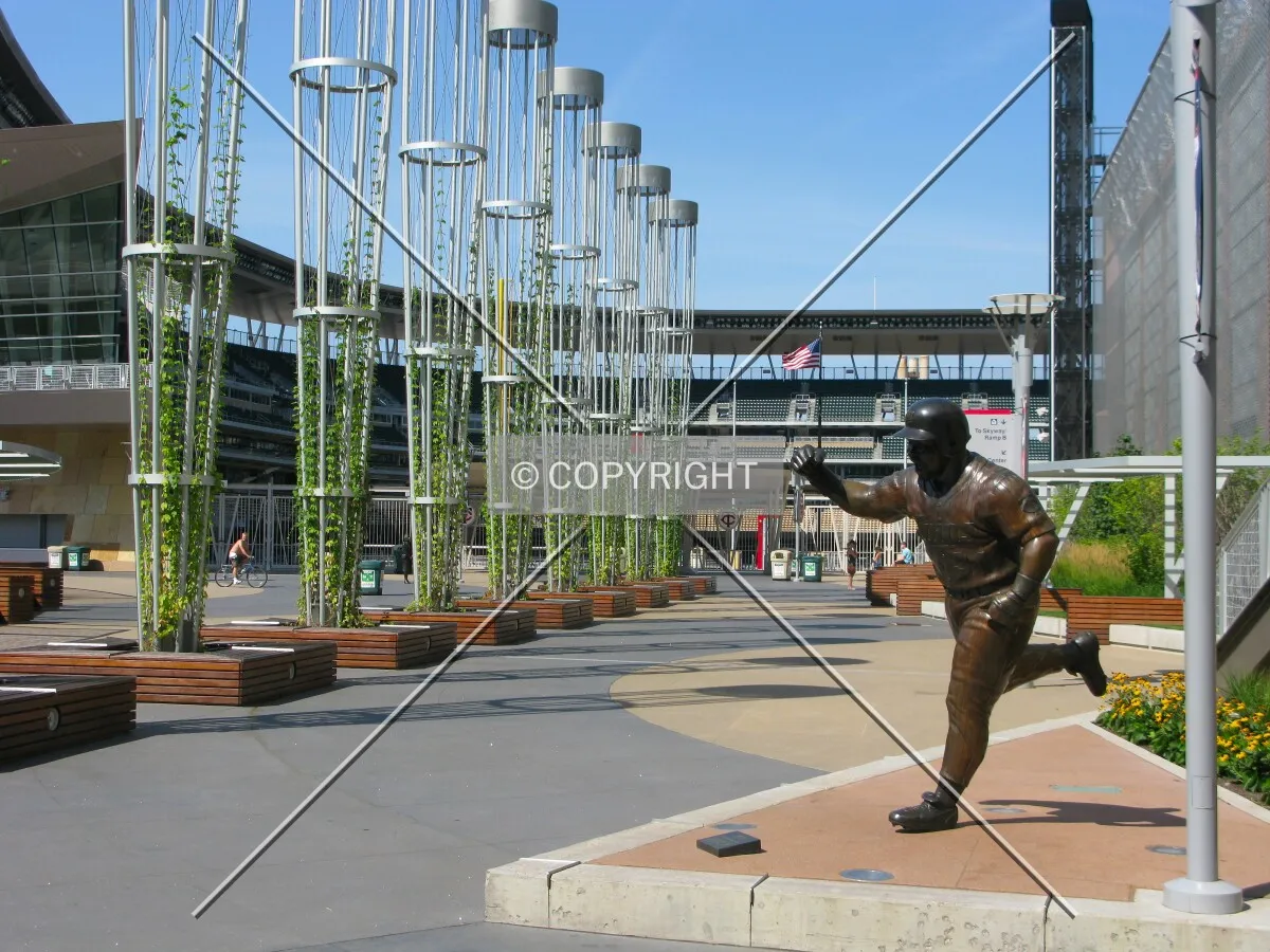 Skyway entrance to Target Field Plaza with a statue of Kirby Puckett