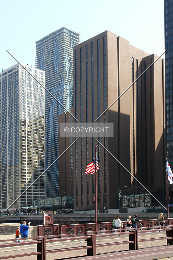 The Hyatt Regency building as seen from Michigan Avenue Bridge