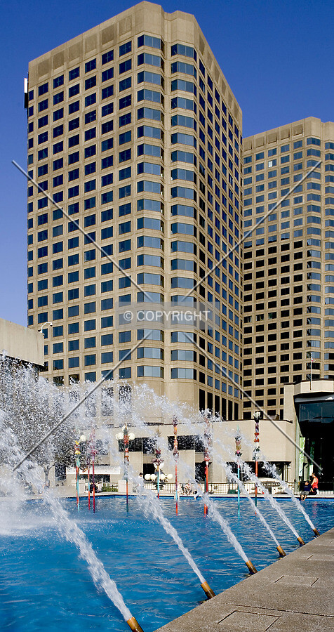 Northwestern elevation viewed from across the Place des Arts fountain plaza