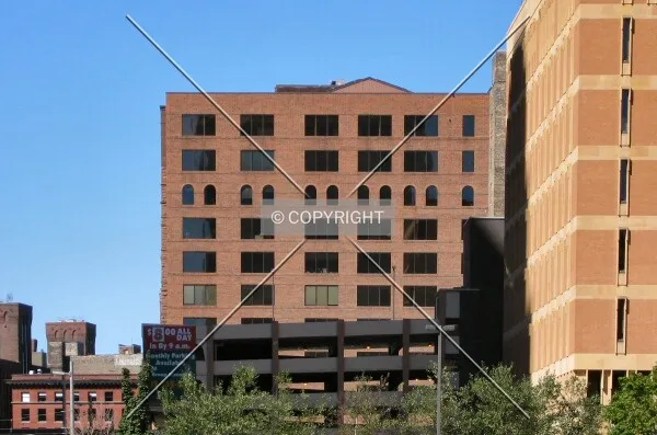 Distant view to the west from Marquette Avenue of new addition