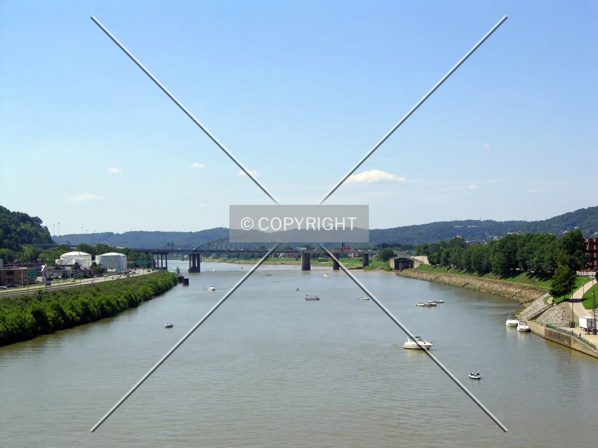 Looking north along the Kanawha River as it passes through central Charleston from the South Side Bridge