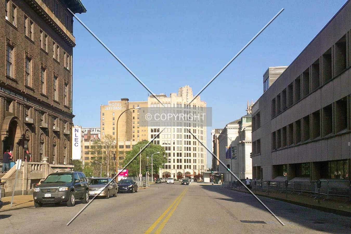 Distant view from the west along Locust Street