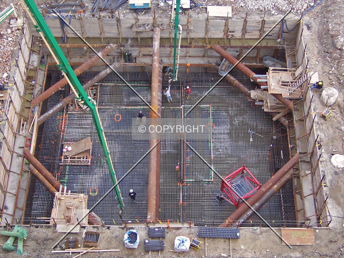 Looking down into the site on the day of the foundation mat pour; viewed from the 10th floor adjacent parking garage inside 203 North LaSalle Street
